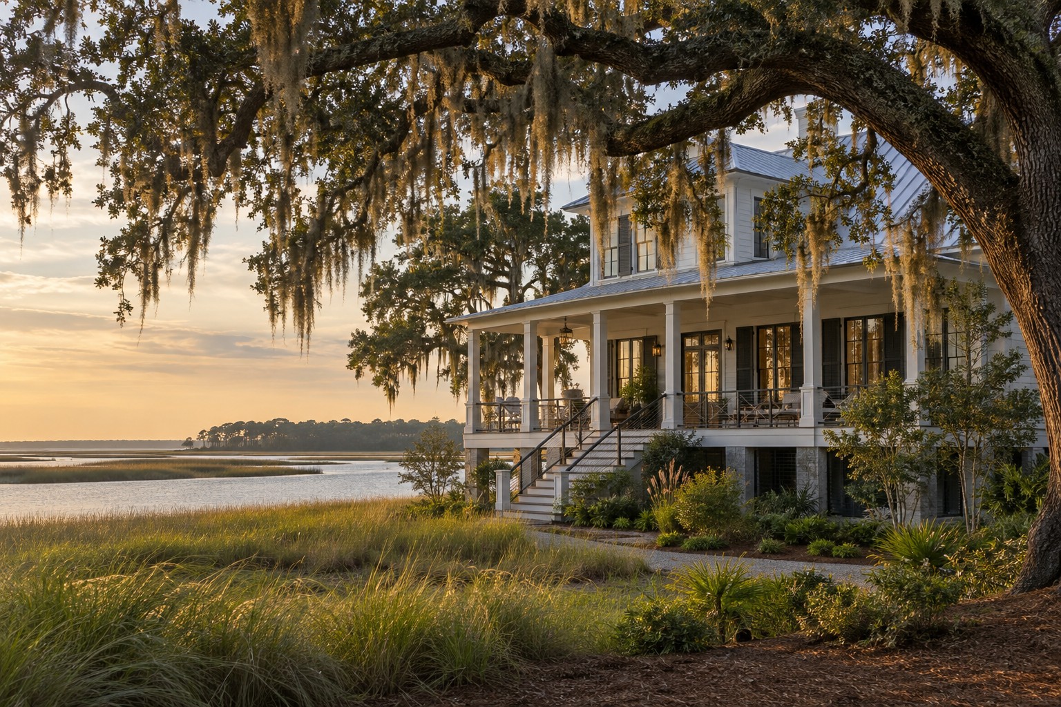 Illustrative South Louisiana home beneath a live oak beside coastal marsh